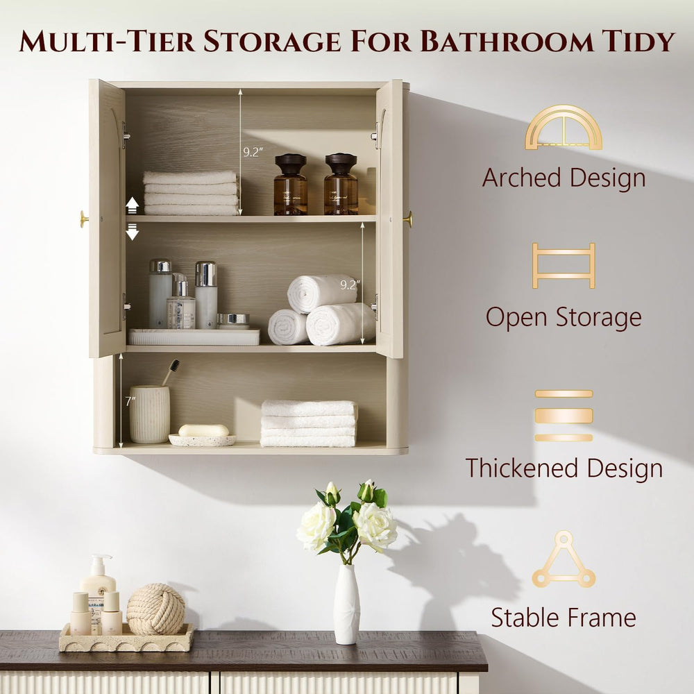 Bathroom Fluted Arched Wall Cabinet, 23.6''W Wood Medicine Cabinet, C...