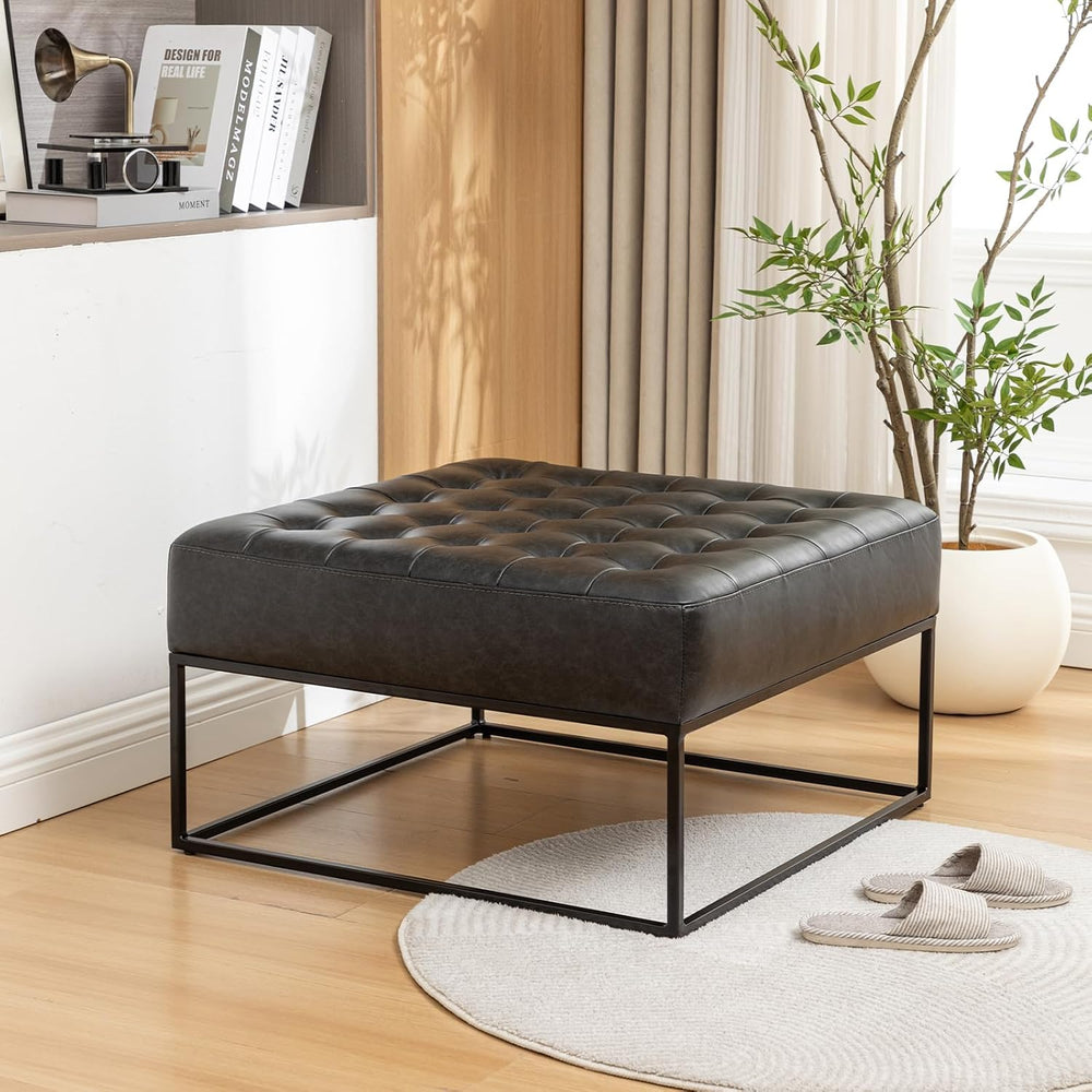 Modern Genuine Leather Square Coffee Table, 30'' Farmhouse Ottoman fo...