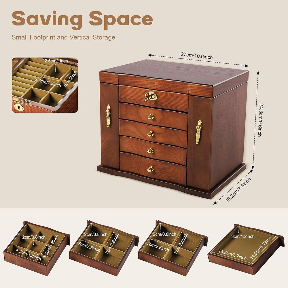 Large Wooden Jewelry Box with Mirror and Lock, 5 Layers Locking Jewelry Organ...