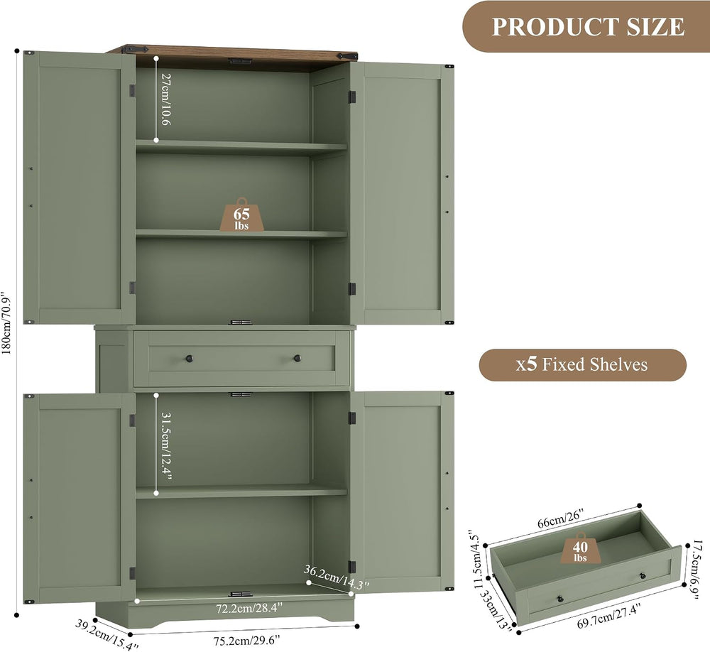 HOSTACK 71" Kitchen Pantry Storage Cabinet, Farmhouse Pantry Cabinet, Green