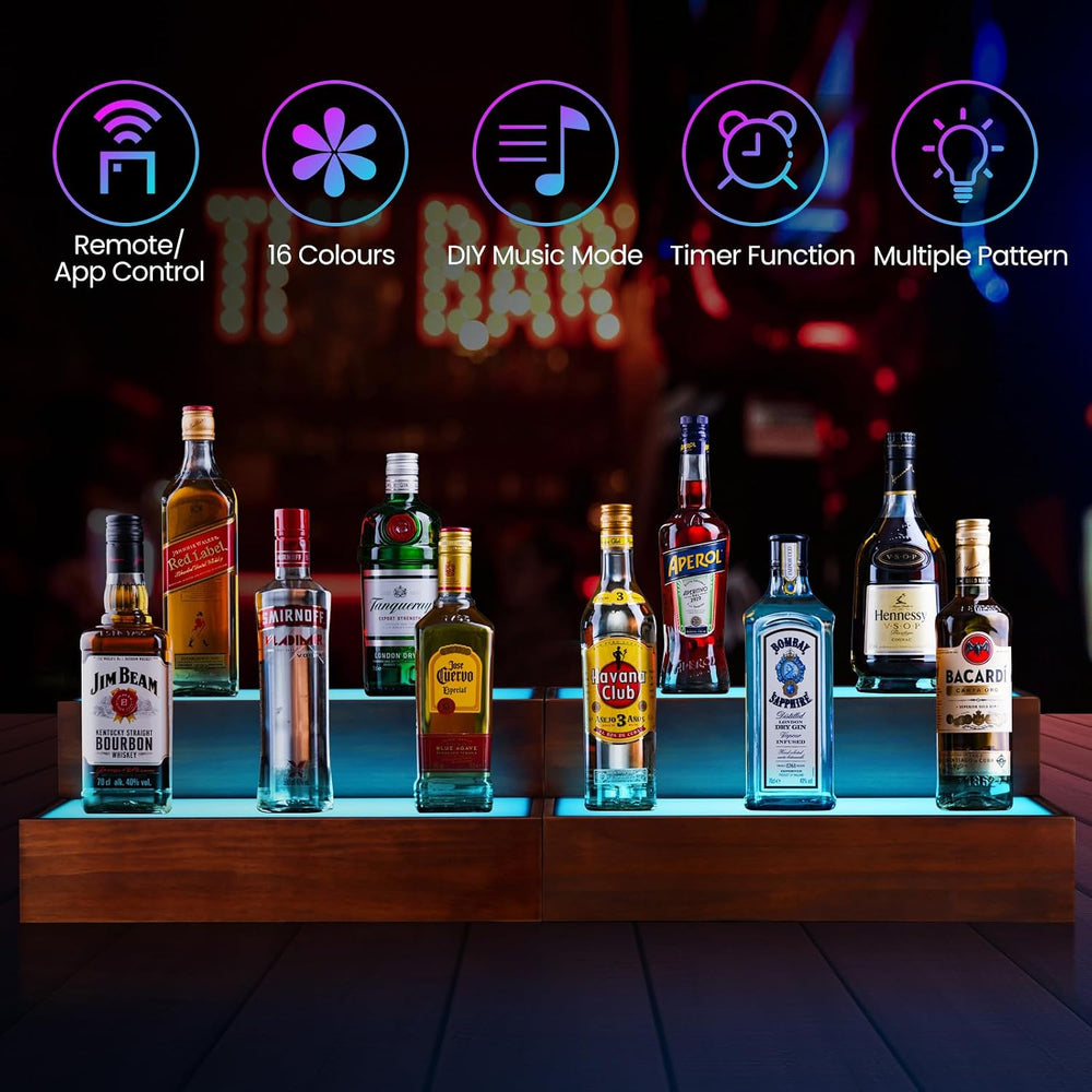 2 Pack LED Liquor Bottle Display Shelf , 2 Tier Real Wood Bar Shelves for Liq...