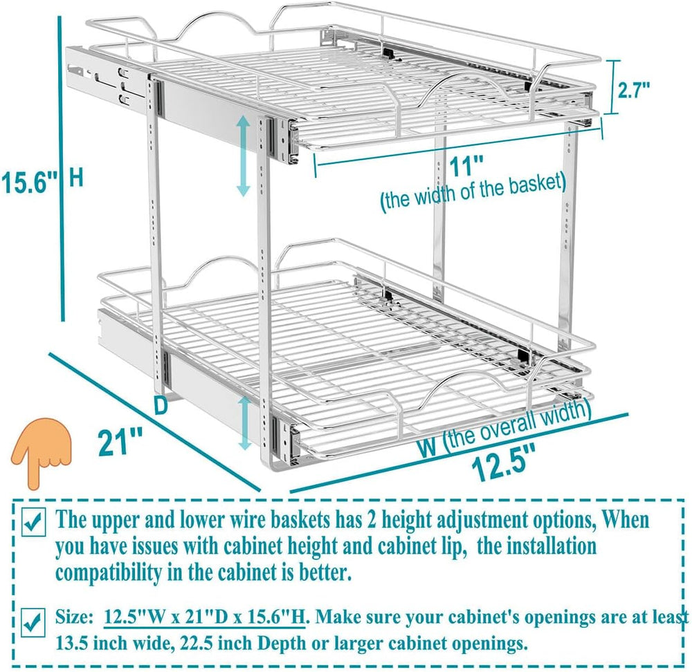 OCG 2 Tier Pull Out Cabinet Organizer (12.5" W x 21" D), Pull Out D...