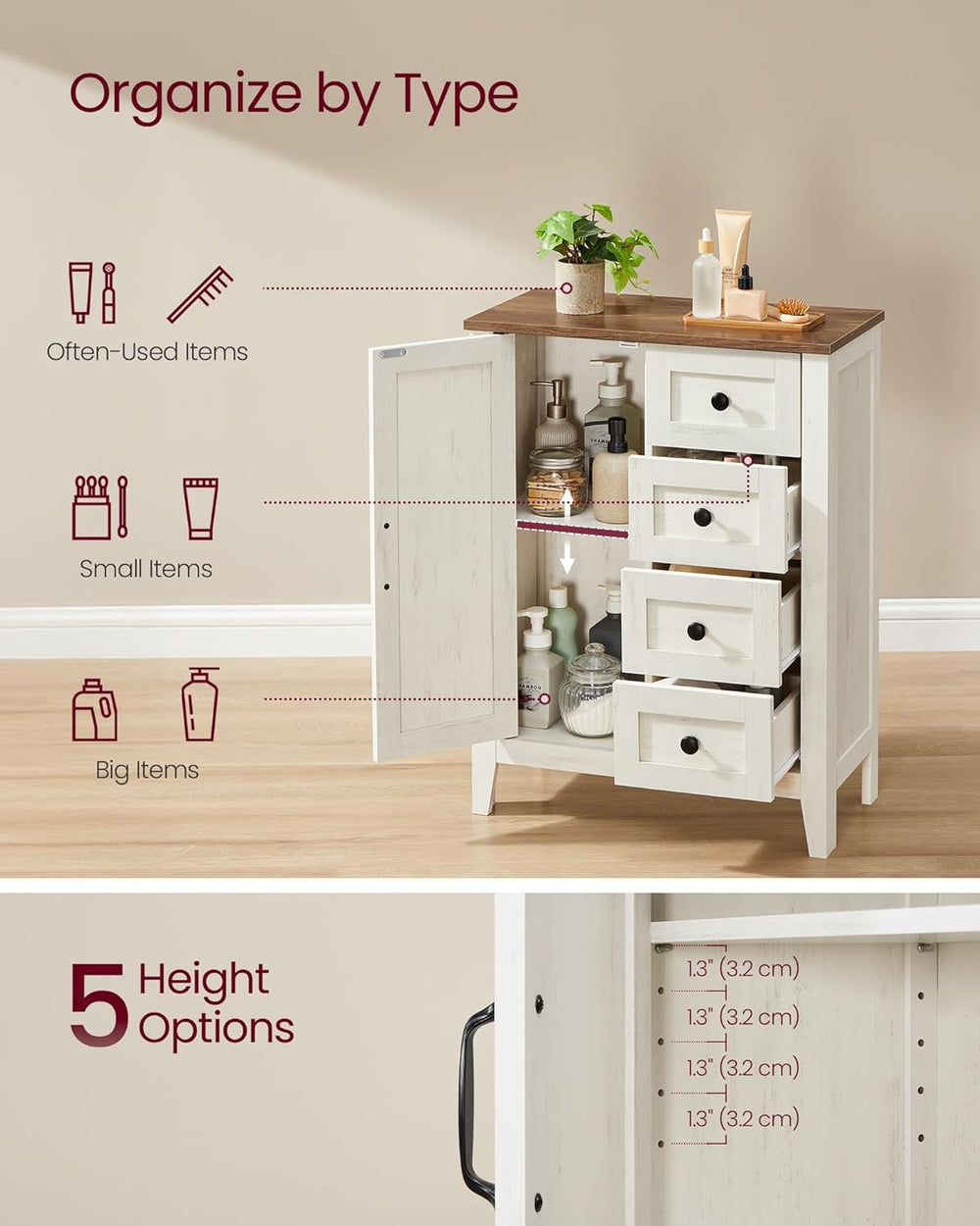 VASAGLE Farmhouse Storage Cabinet with Door, 4 Drawers, Adjustable Shelves
