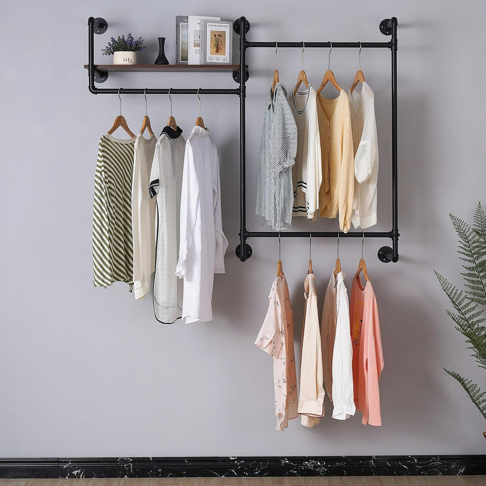 Industrial Pipe Clothing Rack, Wall Mounted Heavy Duty Garment Rack with Wood...