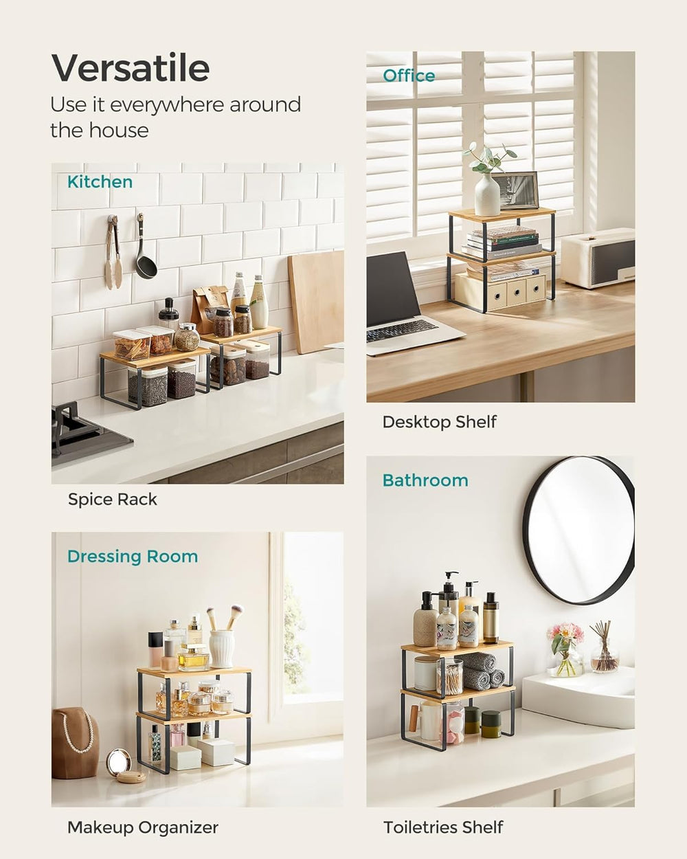 SONGMICS Cabinet Organizer Shelf, Set of 4 Spice Rack, Kitchen Storage