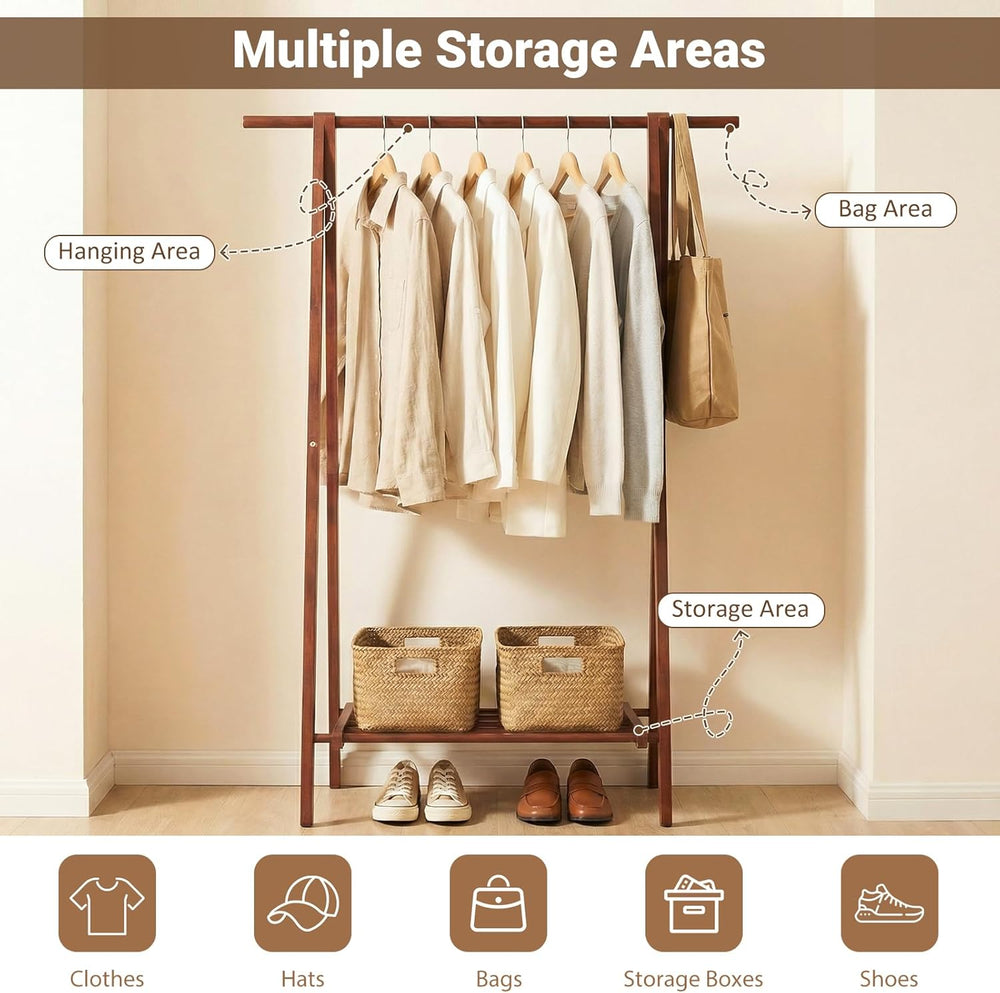 GIANTEX Folding Clothes Rack, Solid Wood Clothing Rack with Storage Shelf