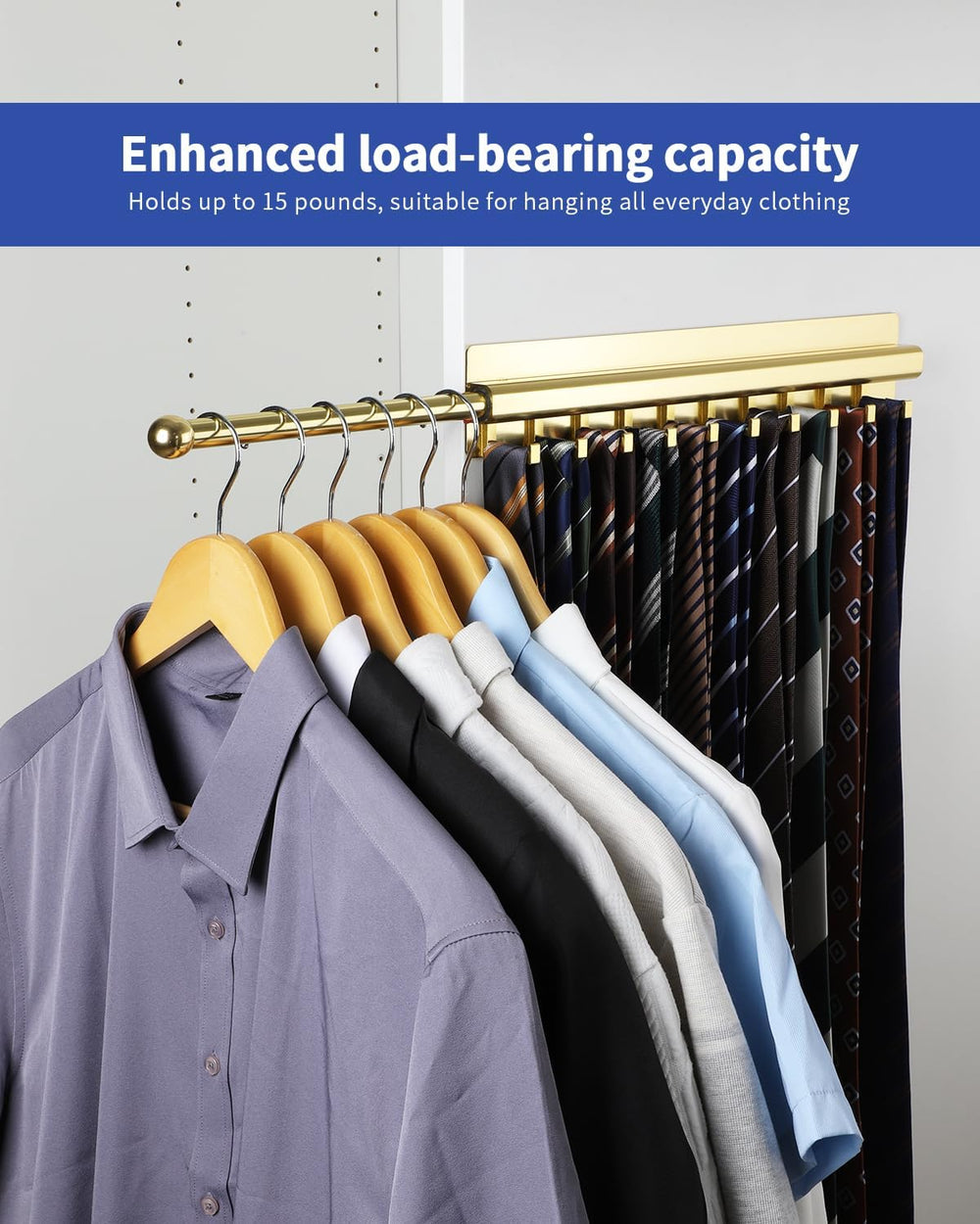 Adhesive Valet Rod for Closets Pull Out 16.5" Gold with 10 Hooks
