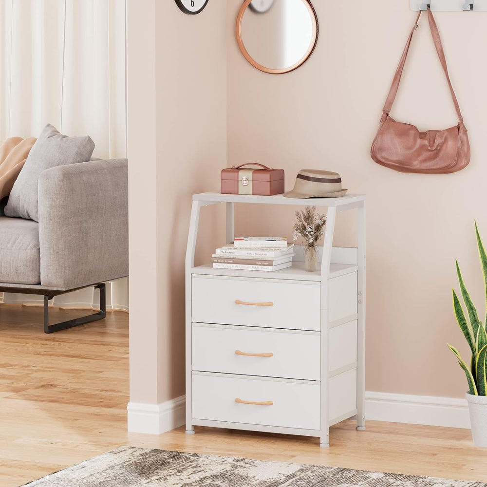 Furnulem White Night Stand with 3 Fabric Drawers , Small Bedside Table