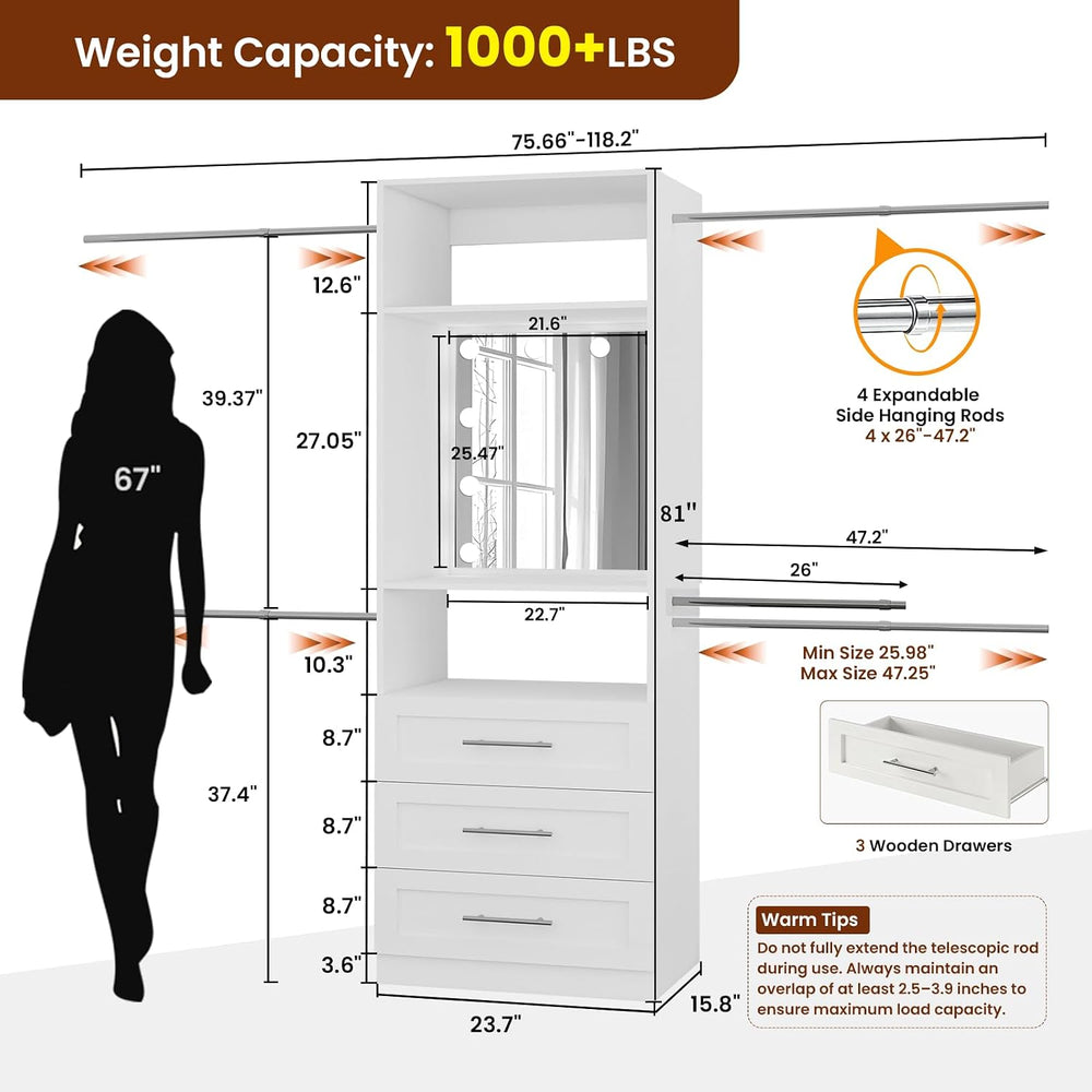 Closet System with 3 Drawers & Hollywood Lighted Mirror, 2–10FT