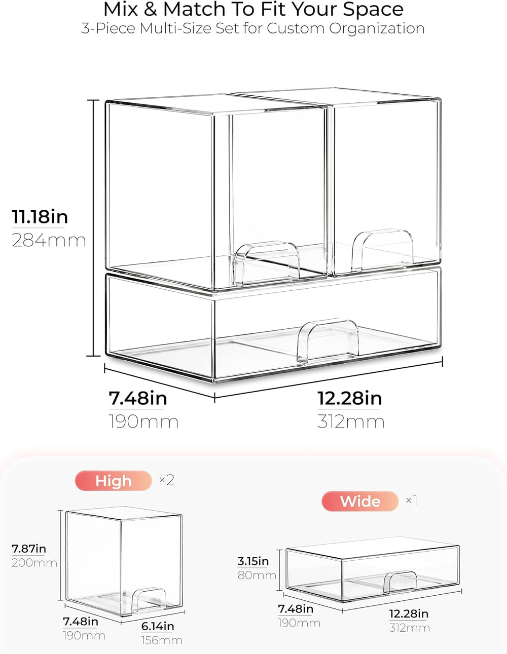 Stackable Storage Drawers Organizer Set of 3 for Bathroom Organizer Storage