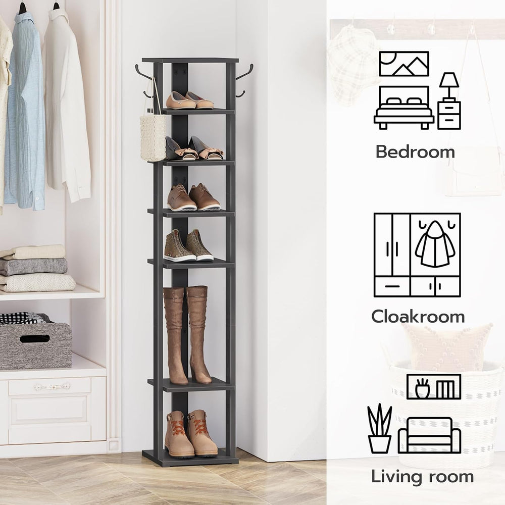 HOOBRO 8 Tiers Vertical Shoe Rack, Wooden Shoe Storage Organizer with Hooks, ...