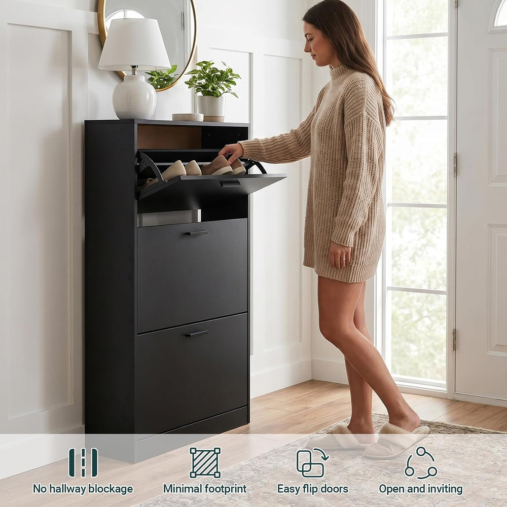 Slim Narrow Shoe Cabinet with 3 Flip Drawers for Entryway, Hallway