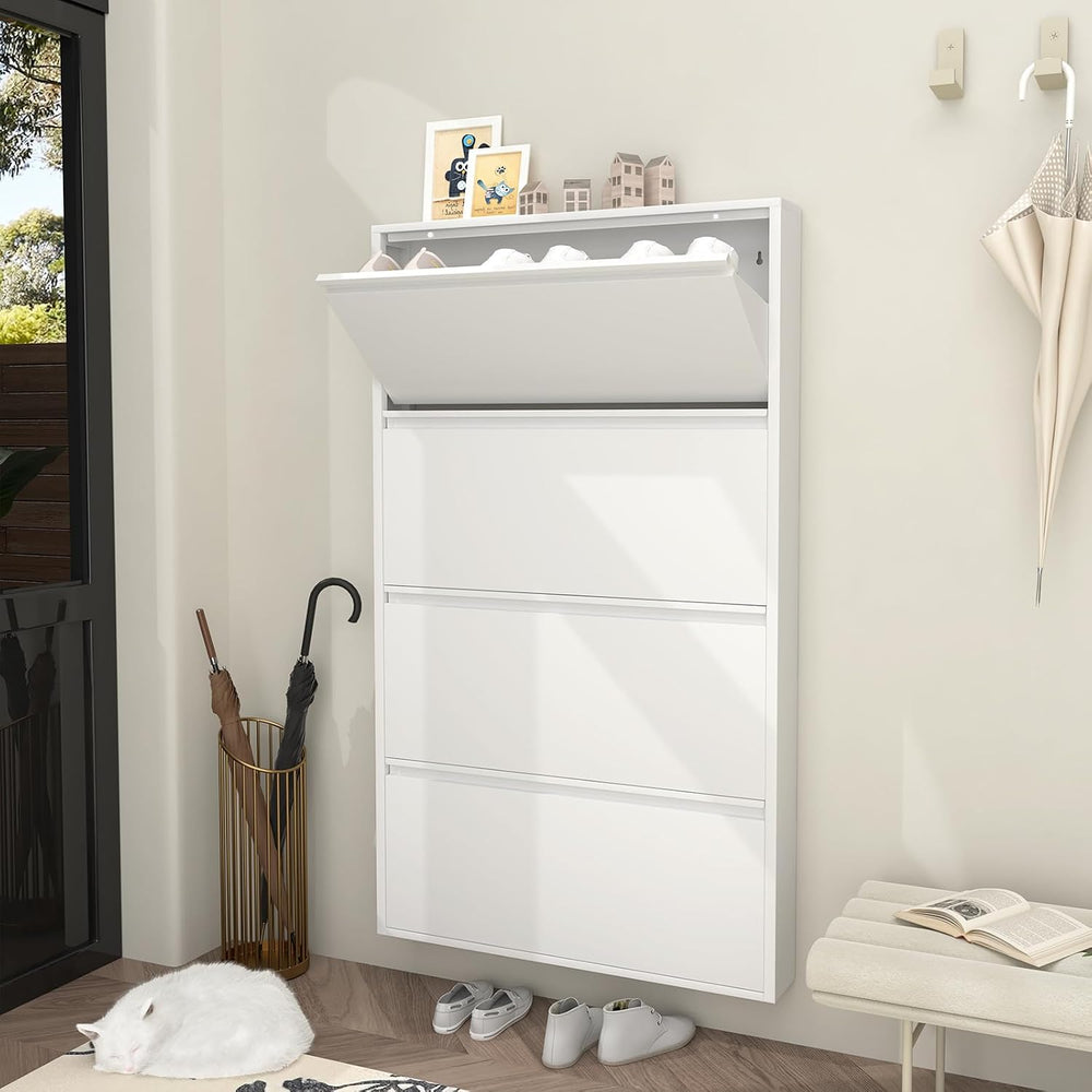 GREATMEET Slim Wall Mounted Metal Storage Cabinet with 4 Flip Drawers