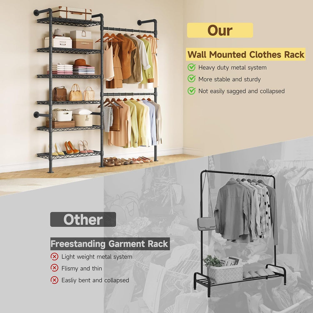 H2 Wall Mounted Clothing Rack, Expandable Industrial Pipe Clothes Rack Garmen...