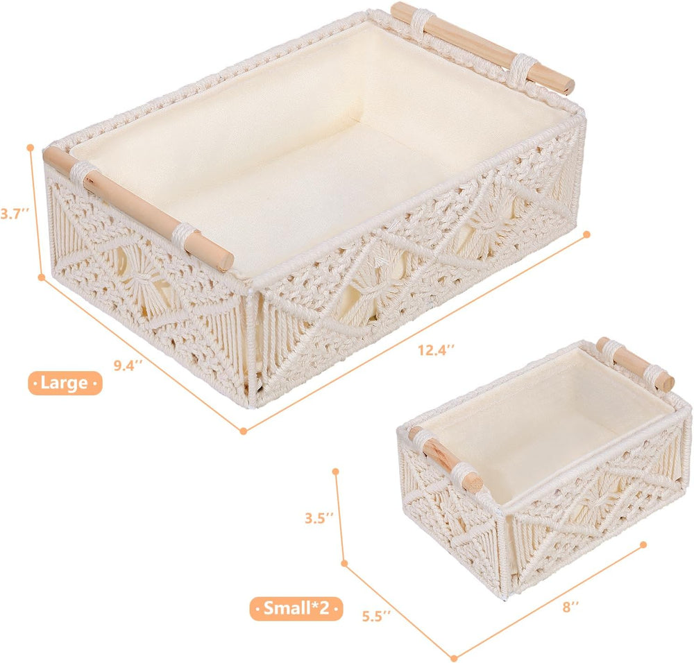 ANMINY 3PCS Decorative Macrame Baskets, with Removable Liner & Wood Handles