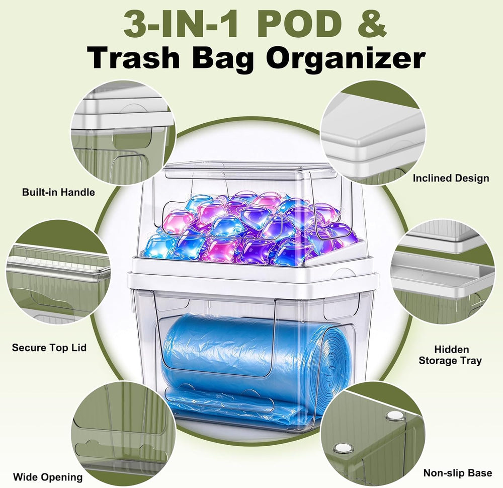 Trash Bag Dispenser with Laundry Pod Storage, Clear Under Sink Organizer