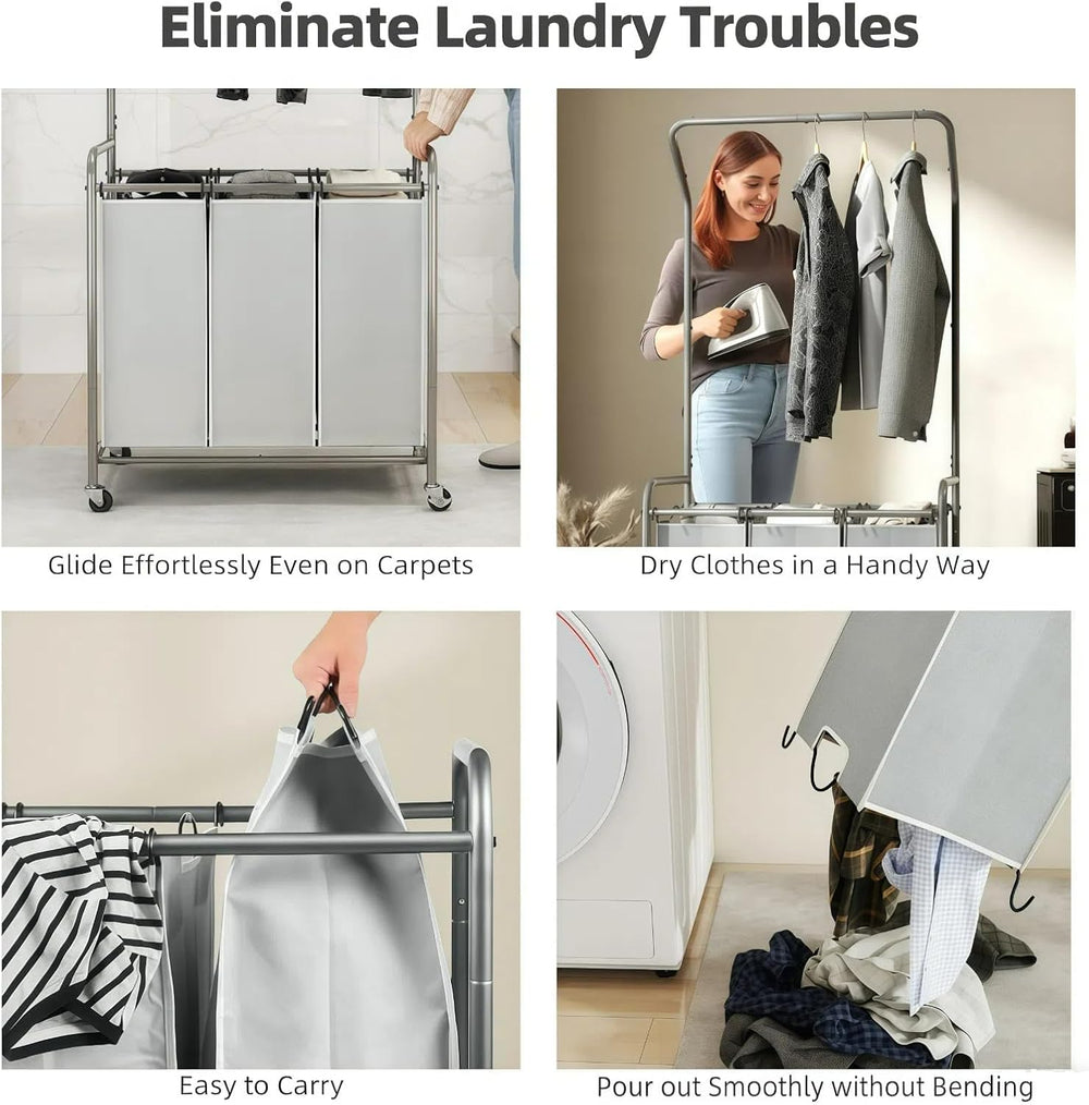 ROMOON Laundry Sorter Hamper with Hanging Bar, 3 Section Laundry Cart