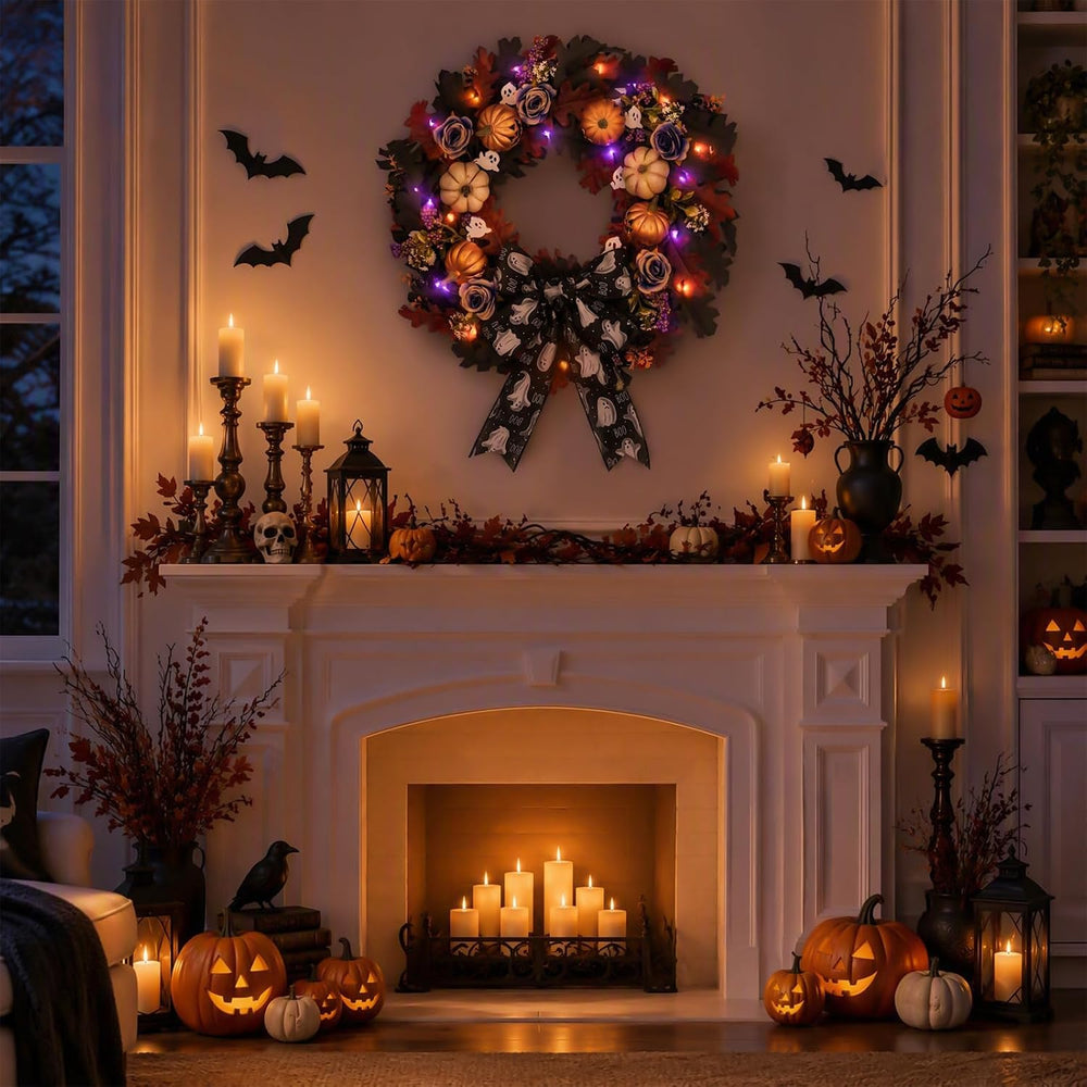 22'' Halloween Wreath for Front Door with Orange, Purple Light