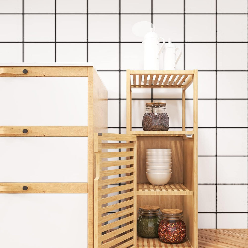 Bathroom Bamboo Storage Cabinet, Freestanding Floor Cabinet with Door Shelf