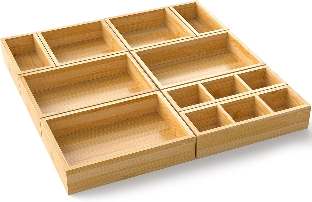 Bamboo Drawer Organizer, Set of 9 Wood Kitchen Junk Tea Desk Office Tray, Woo...