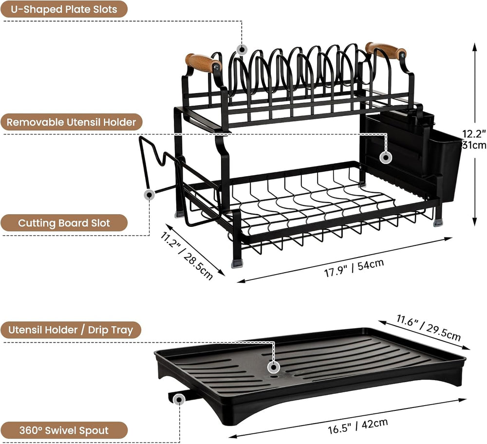 Briful 2 Tier Dish Drying Rack with Drainboard for Kitchen Counter, Black