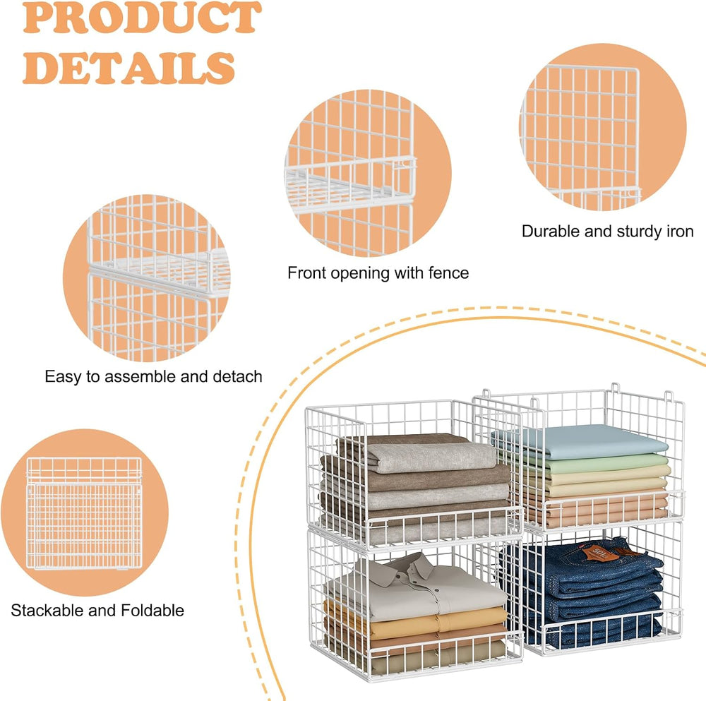 4-Tier Stackable Closet Organizers and Storage Baskets, Closet Shelf Organize...
