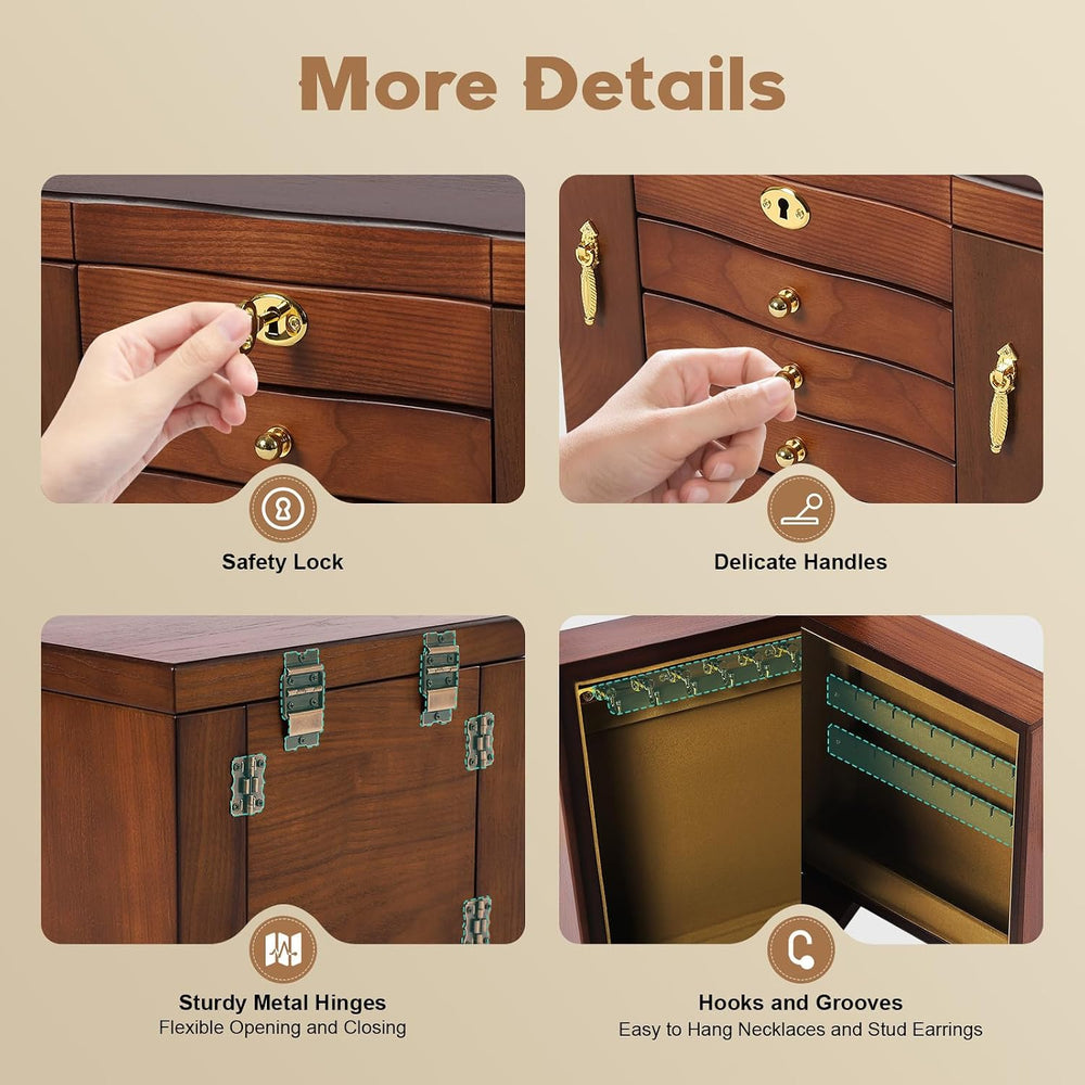Large Wooden Jewelry Box with Mirror and Lock, 5 Layers Locking Jewelry Organ...