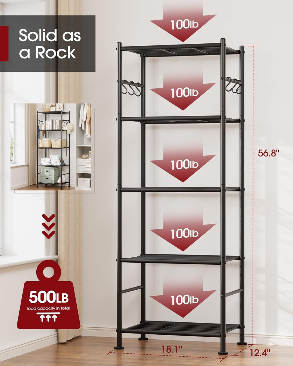 Sakugi 5-Tier Storage Rack Organizer with Hooks, Heavy Duty Metal Garage Rack...
