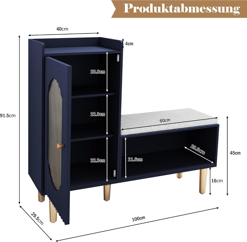 HLR Shoe Storage Bench with Glass Door&Shelf, L-Shaped Shoe Cabinet, Blue