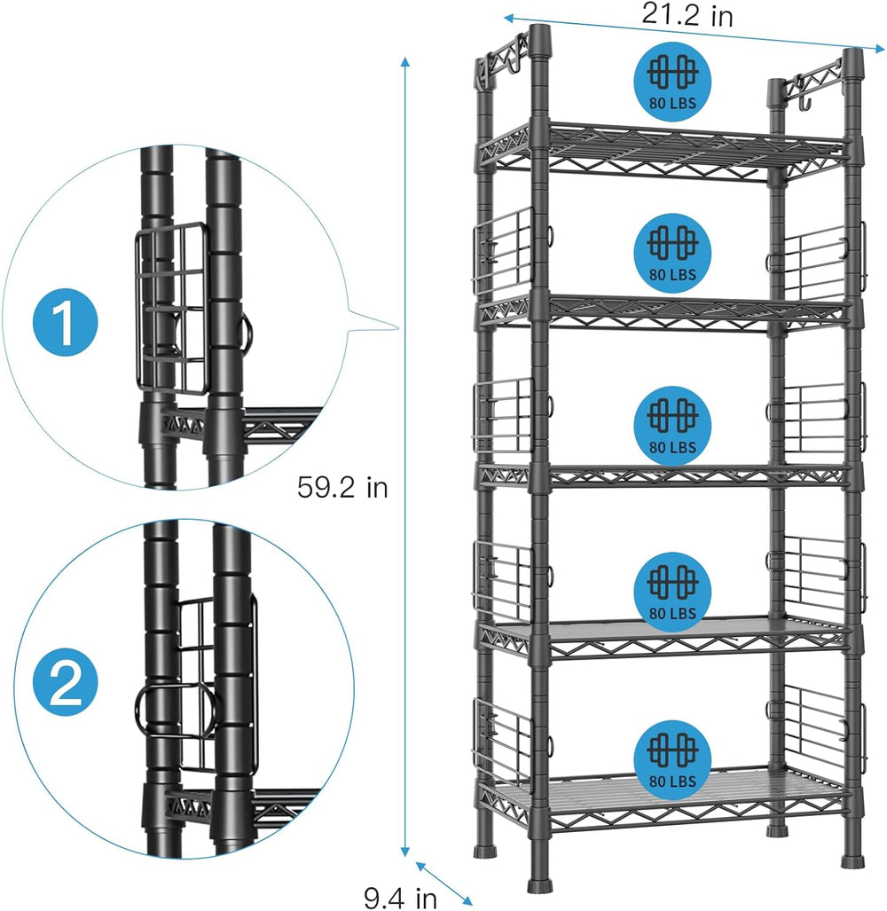 Metal Storage Rack, Storage Organizer Shelves for Kitchen, Black