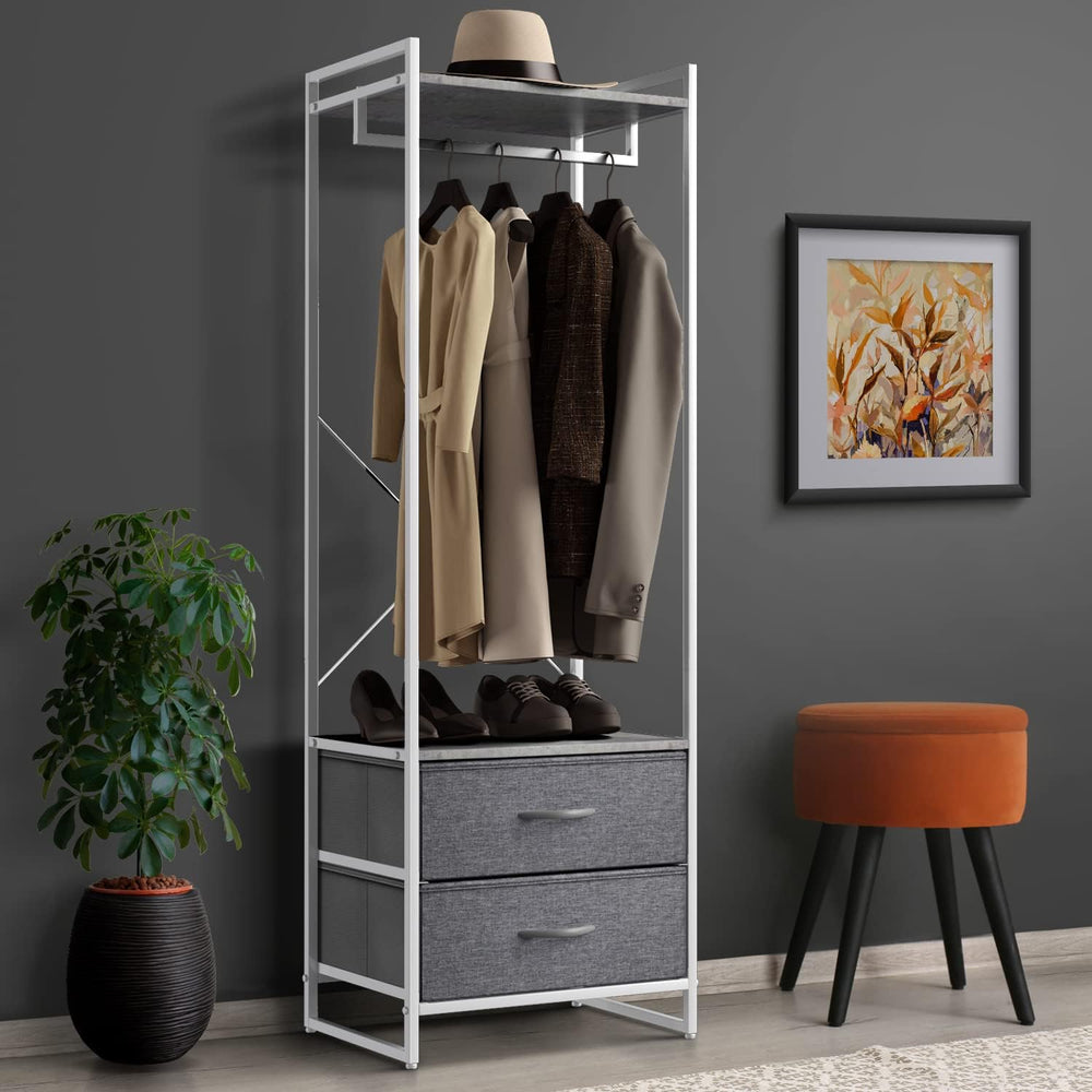 Sorbus Tall Clothing Rack with Drawers, Wood Top (Grey)