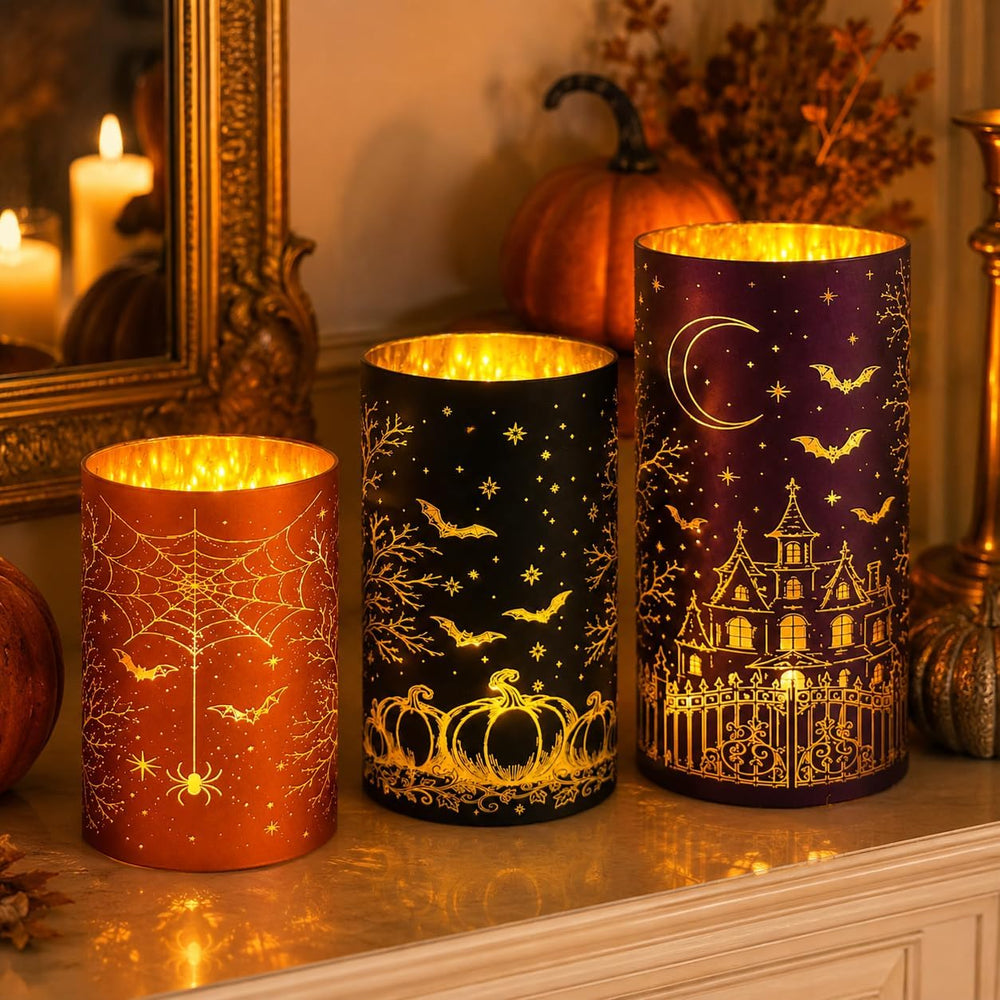 Wind Shear Halloween Glass Lanterns Set of 3, Lighted Decor