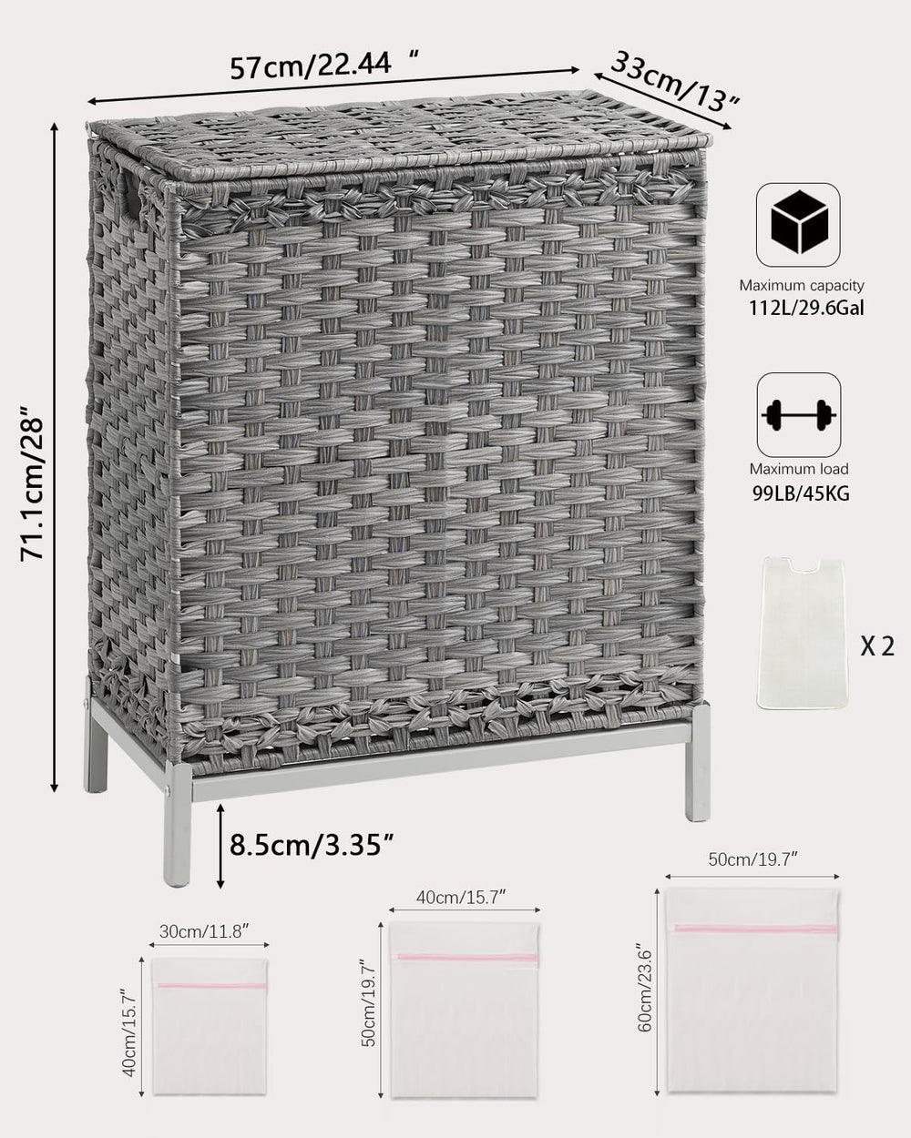 SETVSON Laundry Hamper with Lid, 112 L Handwoven PE Rattan Wicker, Gray