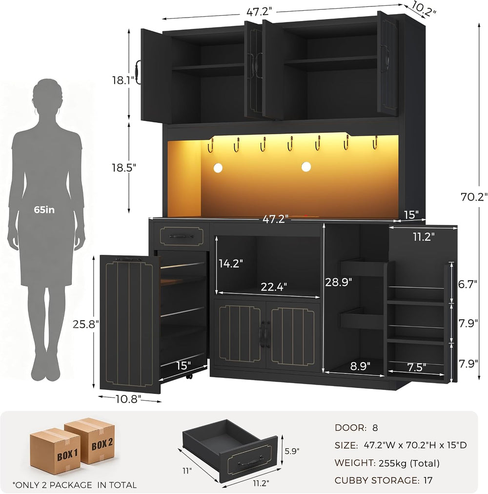 Fluted Kitchen Pantry Cabinet with Charging Station & LED Light, 47"...