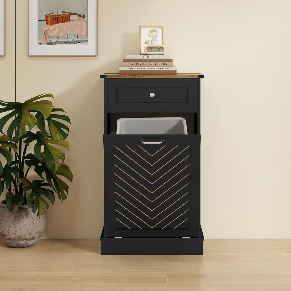 YOURLITE Tilt-Out Laundry Hamper Cabinet, 10 Gallon Herringbone Trash Can Cab...
