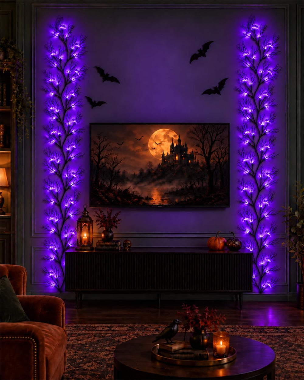 Halloween Twig Garland Decoration with 66 Purple LED Lights, 9 FT