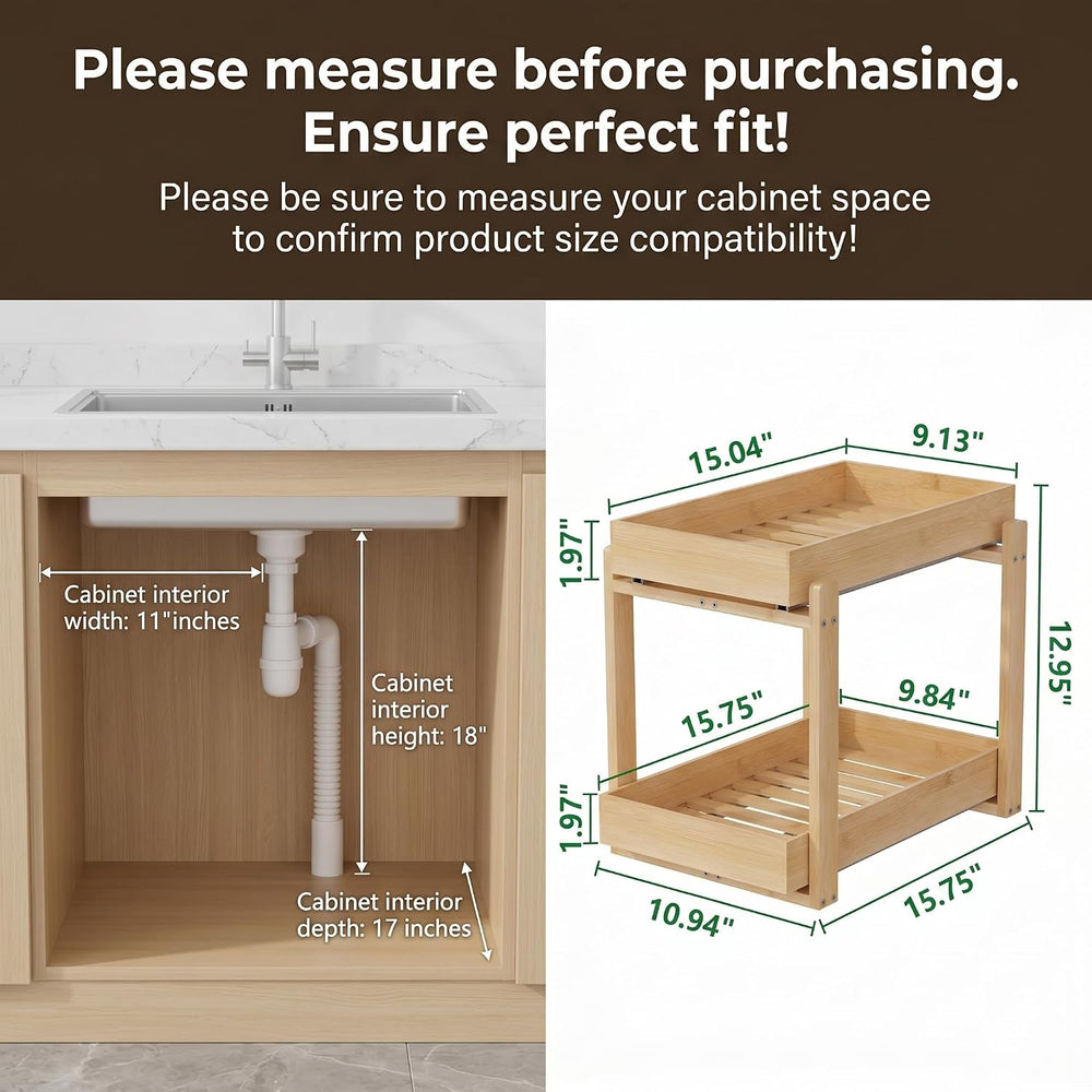Bamboo Under Sink Organizer Adjustable Height 2 Tier Bathroom Organizer