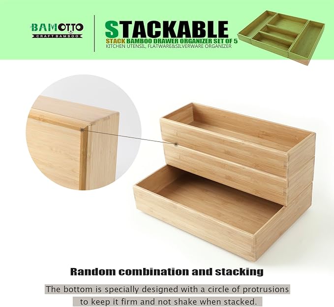 Stack Bamboo Drawer Organizer Set of 5, Kitchen Utensil, Flatware&Silverware