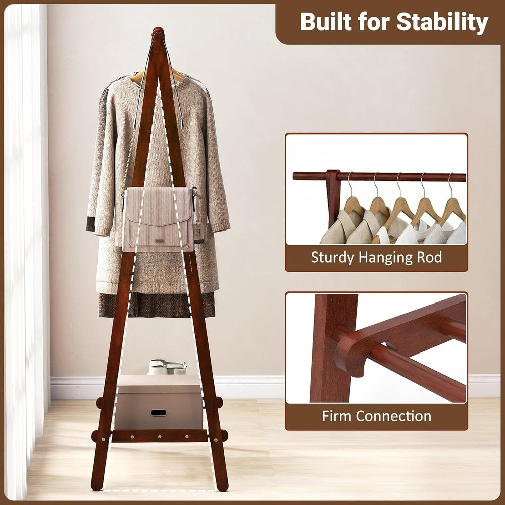 GIANTEX Folding Clothes Rack, Solid Wood Clothing Rack with Storage Shelf