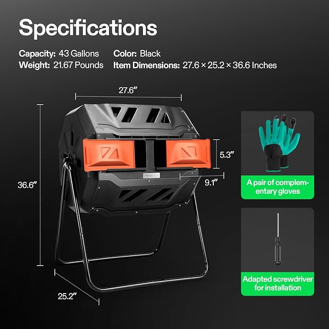 VIVOSUN Outdoor Tumbling Composter Dual Rotating Batch Compost Bin, 43 Gallon