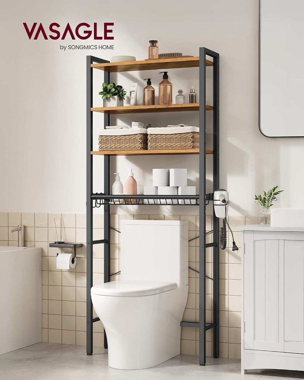 VASAGLE 4-Tier Over the Toilet Storage, Adjustable Shelves, Basket, 68.1'...