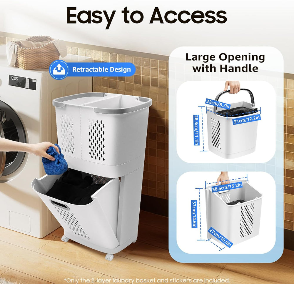 2 Tier Plastic Laundry Hamper, Removable Household Bathroom Clothes Storage B...