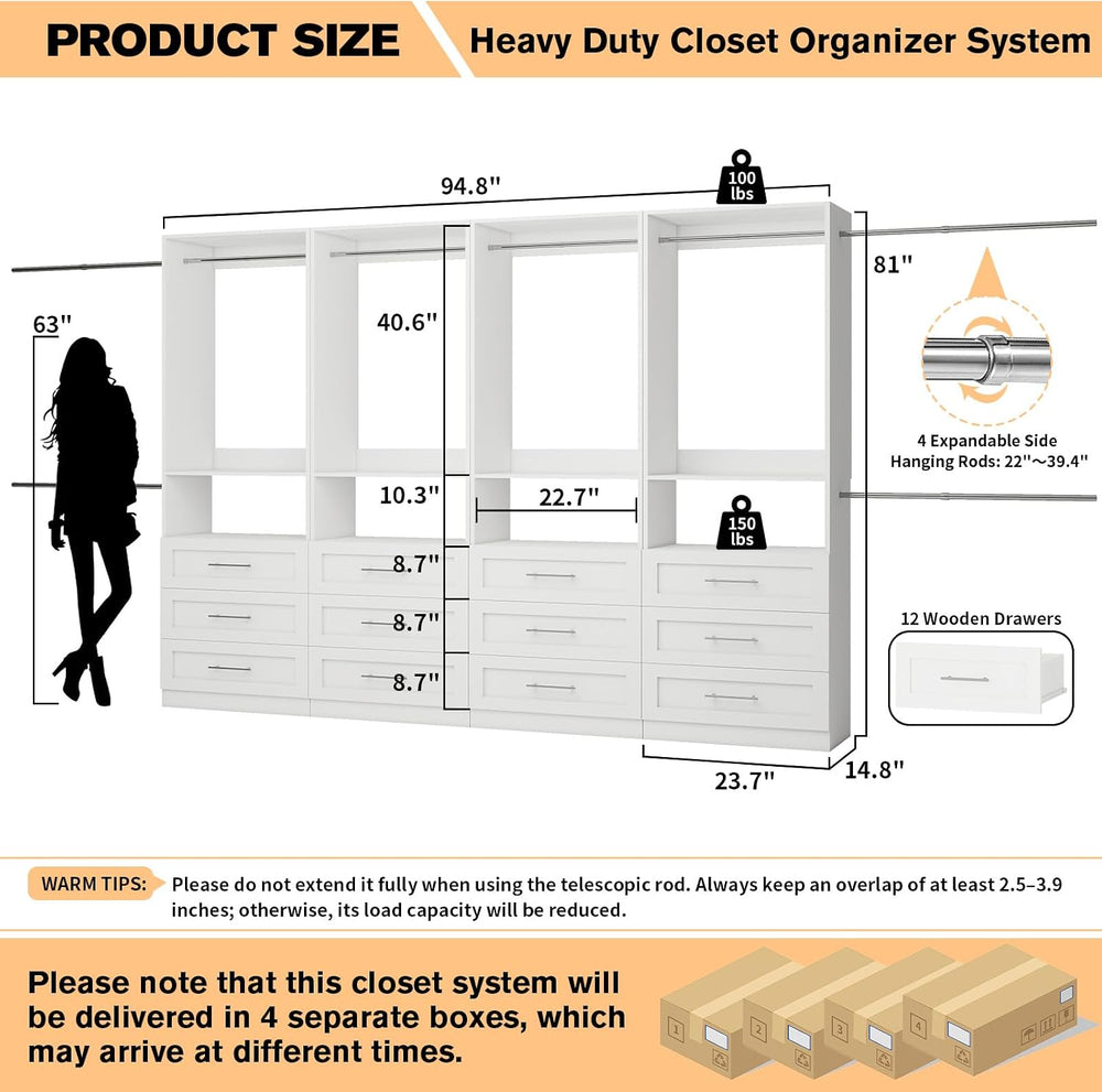 Closet System with 4 Sets, 8FT-21FT Custom Closet Organizer System with 12 Dr...