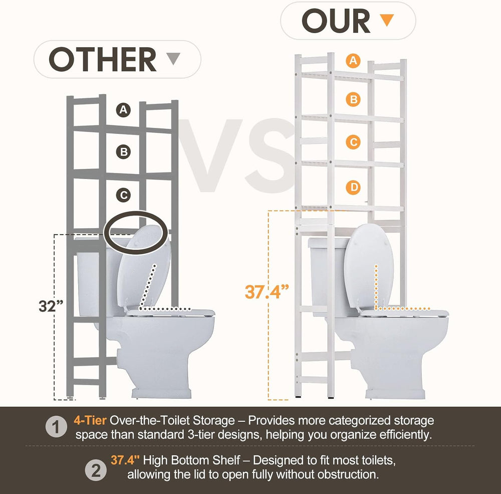 Homde Bathroom Over Toilet Storage Rack: Adjustable 4-Tier Bamboo (White)