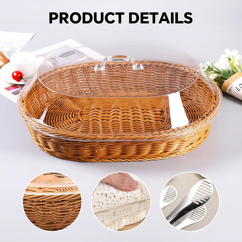 Rattan Bread Baskets, 2 Pack, Oval Woven Baskets with Acrylic Lids, 15.75 x 1...