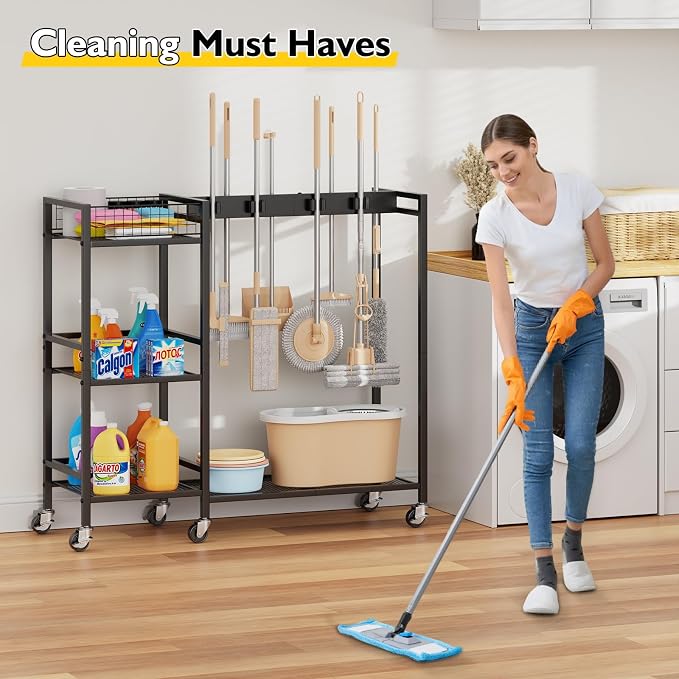 Broom Holder with Cleaning Supplies Organizer, Movable Broom Closet Storage