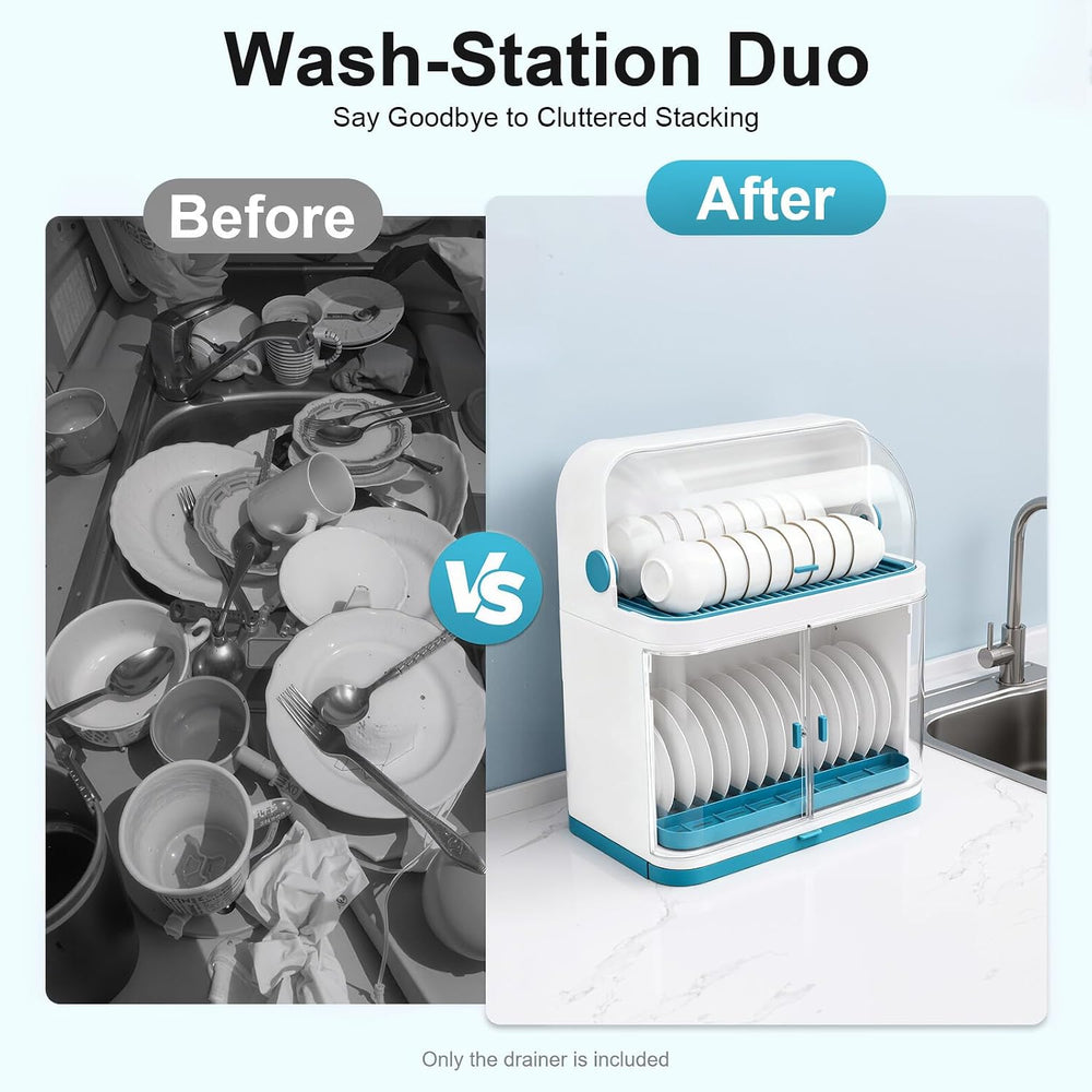 2-Tier Dish Dryer Rack with Cover & Drainboard Utensil Organizer with Lid...