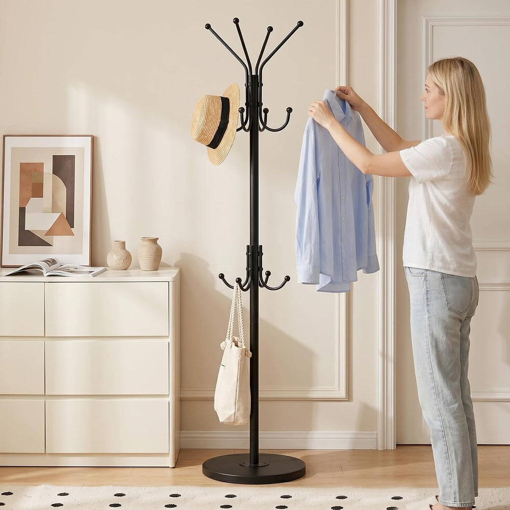Freestanding Coat Rack, 12 Hook, Black Coat Stand with Wood Base