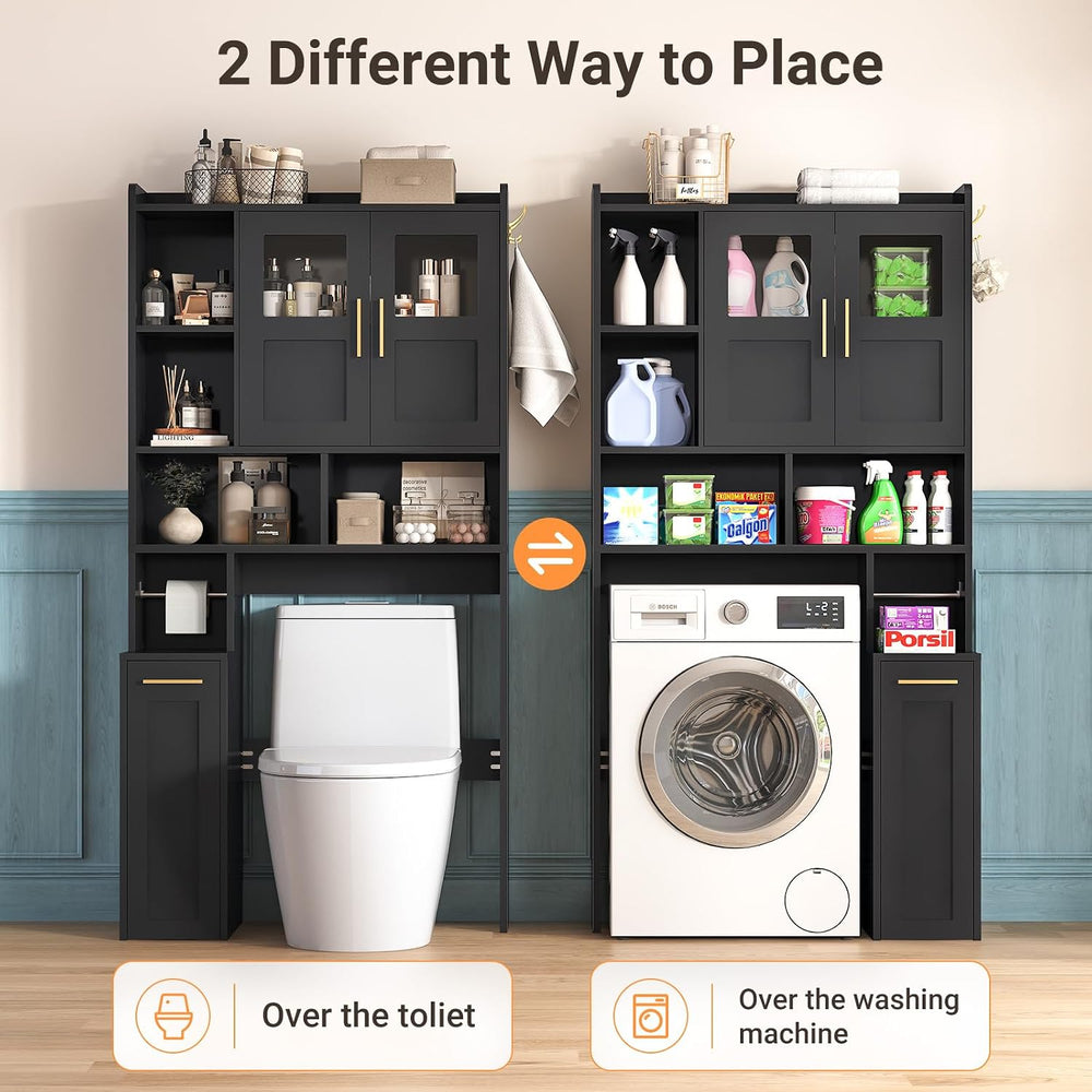 Over The Toilet Storage Cabinet with Pulley & Acrylic Doors, Black