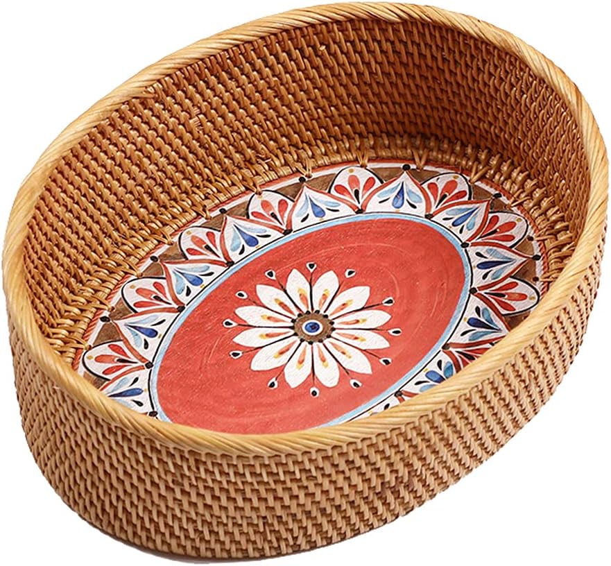 12 inch Oval Rattan Bread Basket, Deep Basket Tray with 4 Inch Wall and Paint...